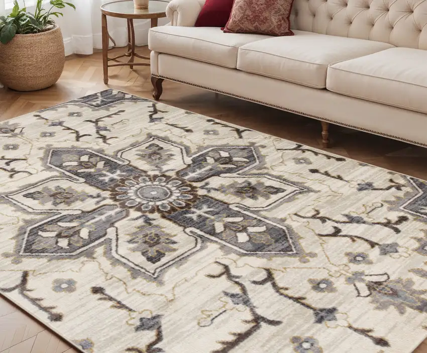 Ivory Gray and Black Floral Medallion Power Loom Area Rug Photo 1