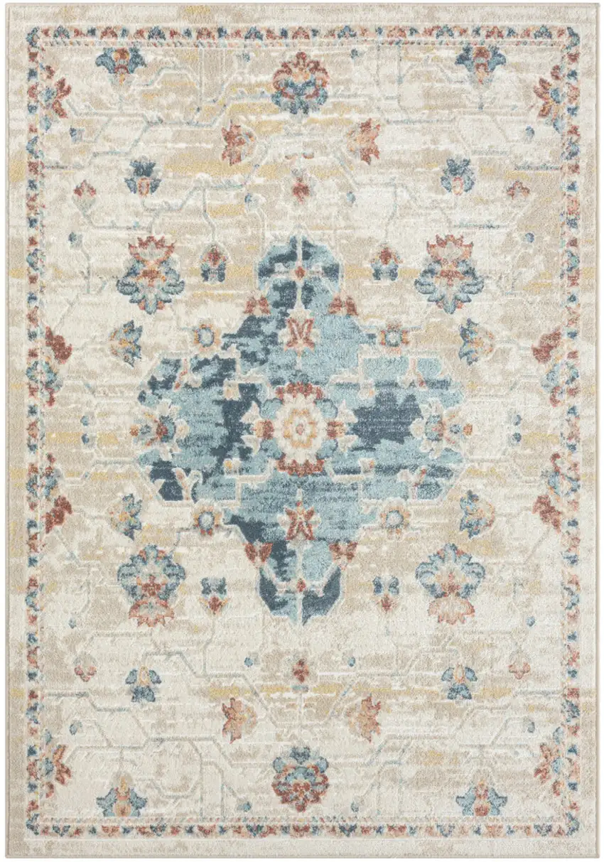 Ivory and Blue Medallion Power Loom Area Rug Photo 2