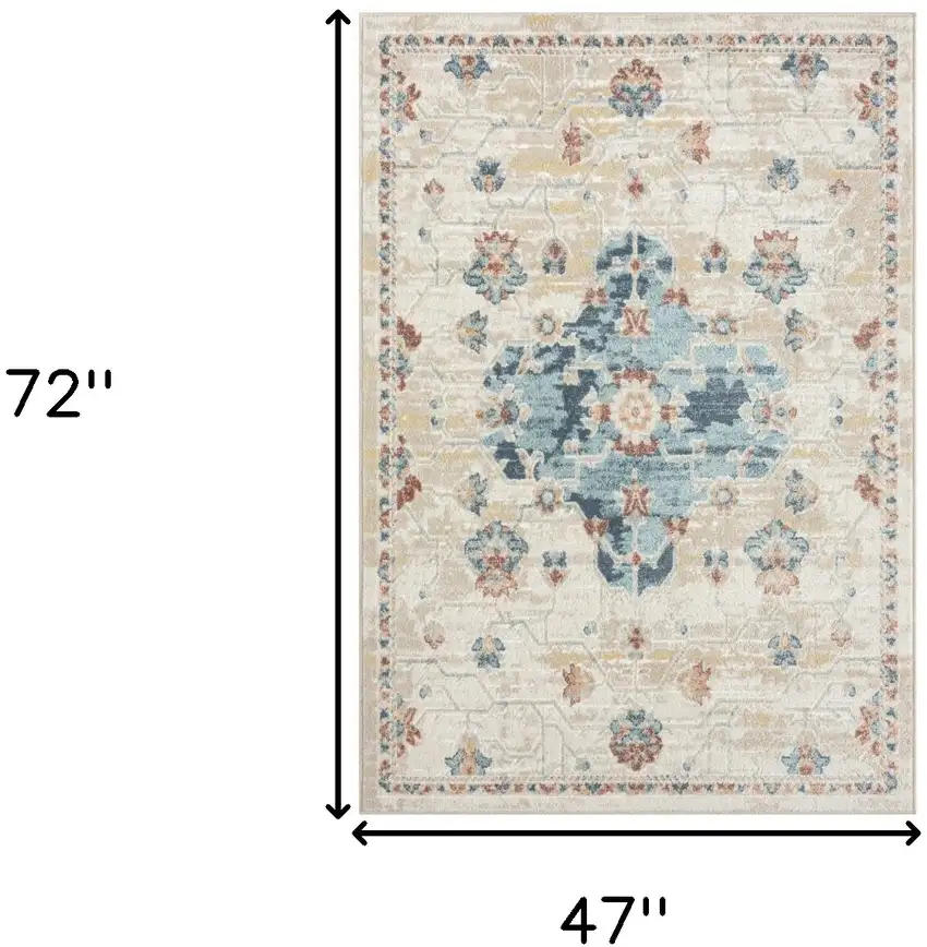 Ivory and Blue Medallion Power Loom Area Rug Photo 3
