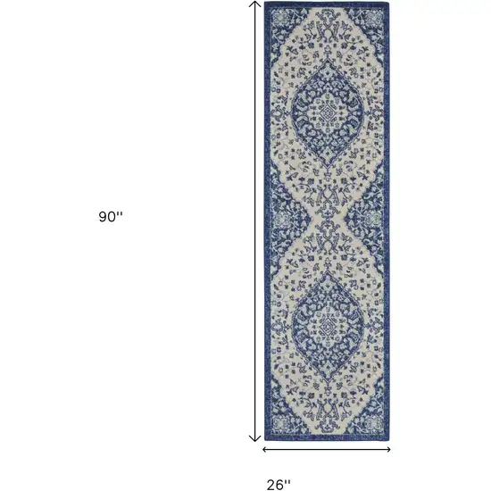 8' Ivory And Blue Medallion Runner Rug Photo 3