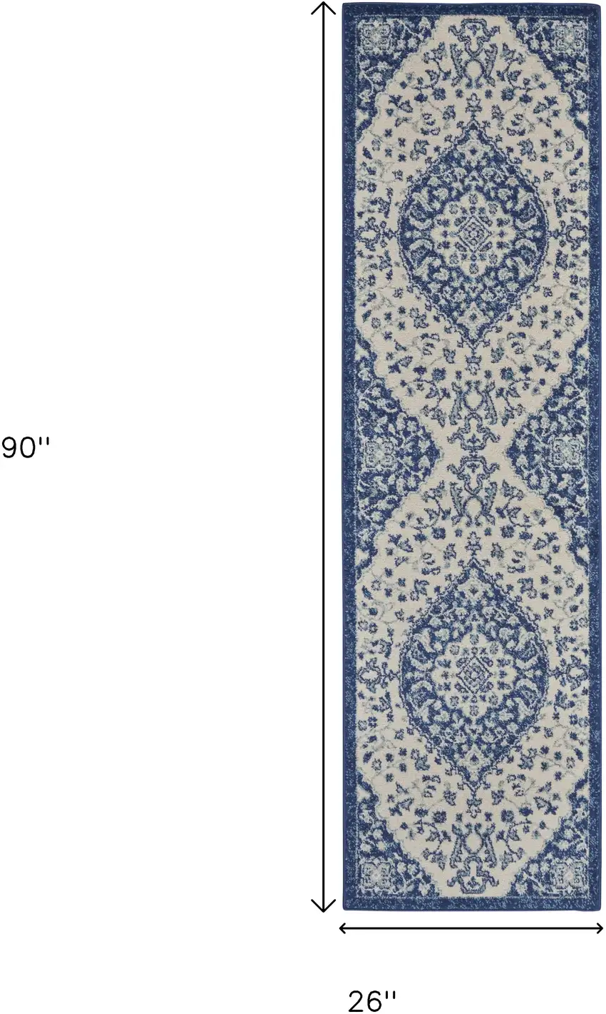 8' Ivory And Blue Medallion Runner Rug Photo 3