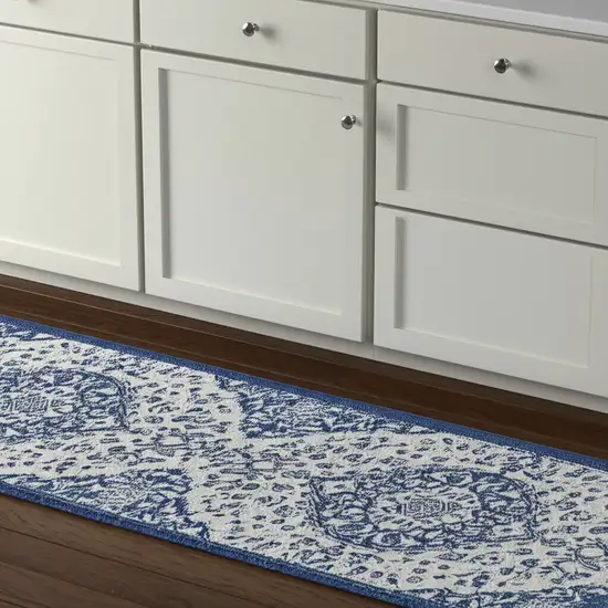 8' Ivory And Blue Medallion Runner Rug Photo 1