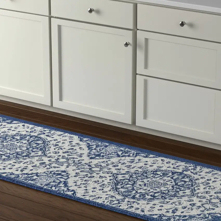 8' Ivory And Blue Medallion Runner Rug Photo 1