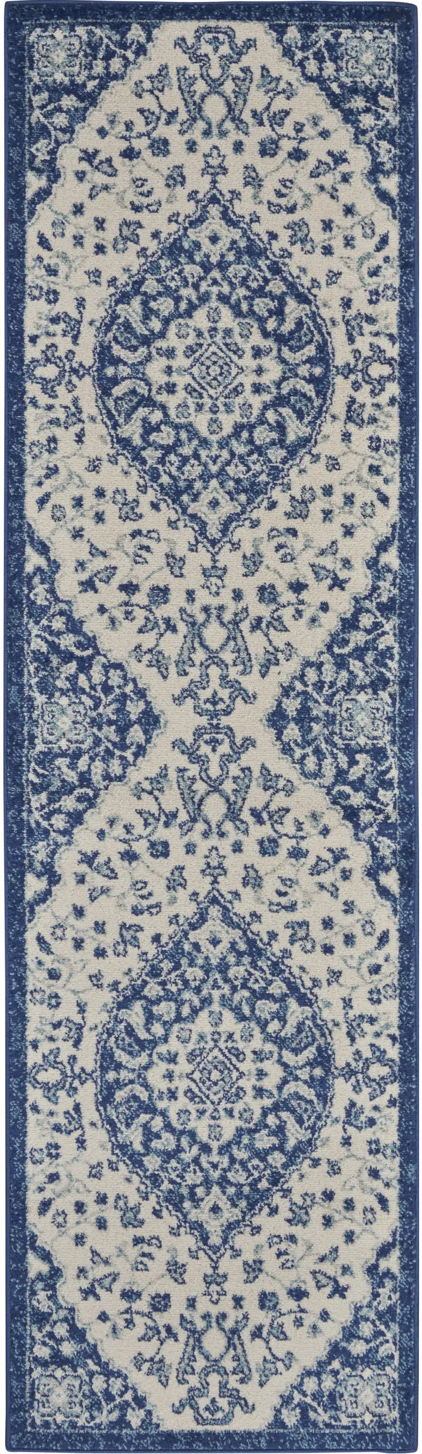 8' Blue And Ivory Power Loom Runner Rug Photo 8