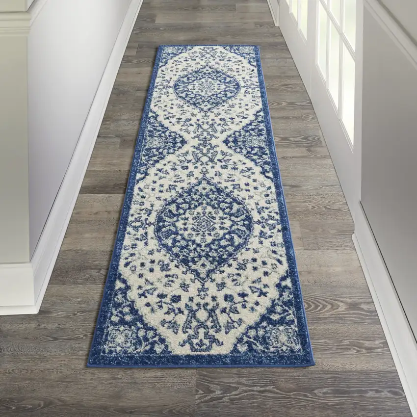 8' Blue And Ivory Power Loom Runner Rug Photo 7