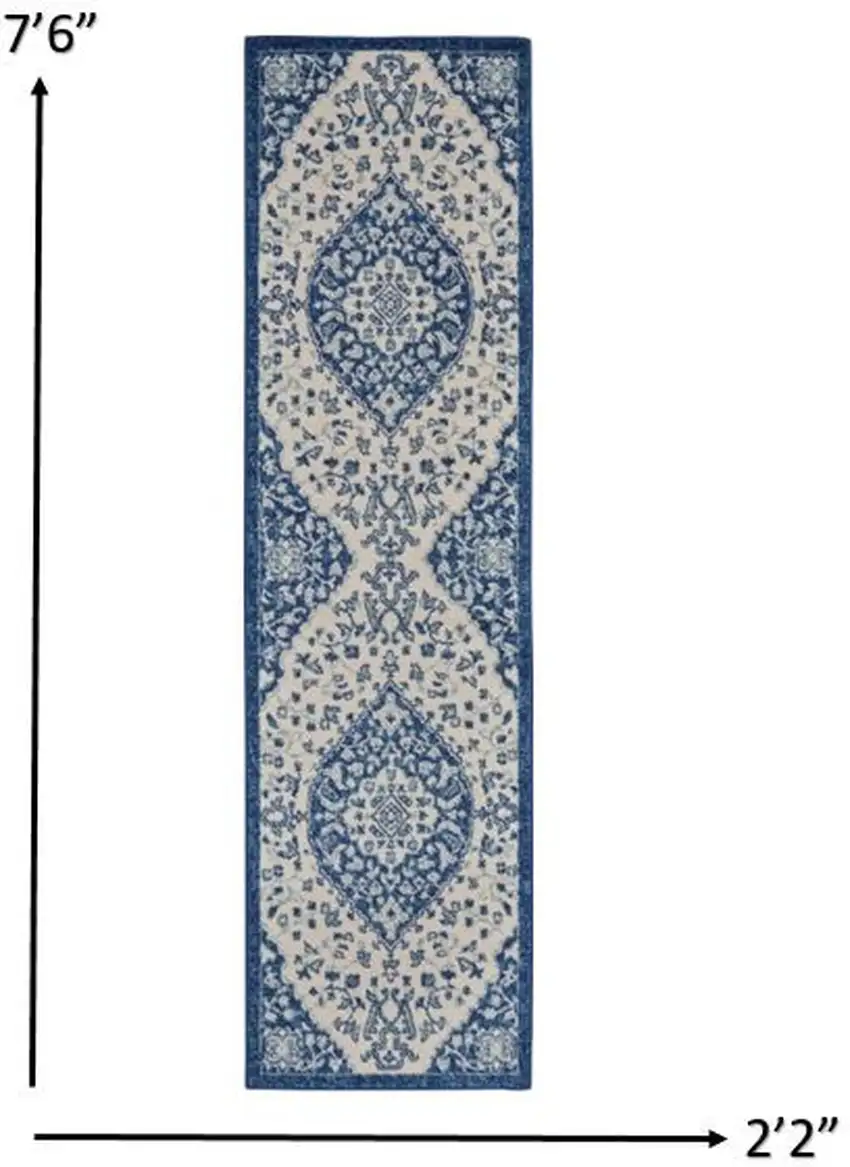 Ivory and Blue Medallion Runner Rug Photo 5