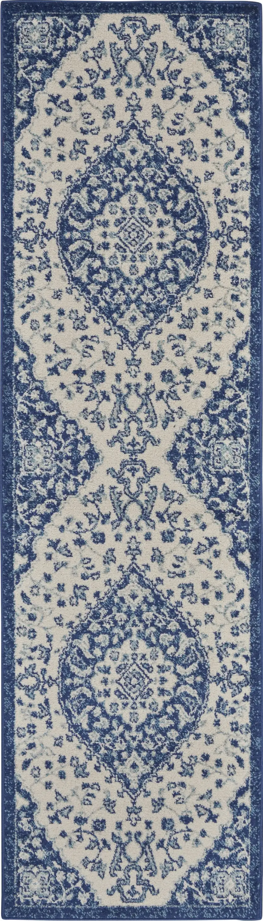 Ivory and Blue Medallion Runner Rug Photo 1