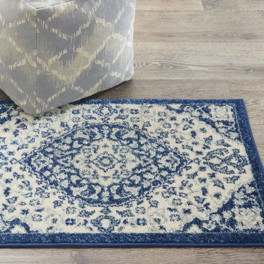 Ivory And Blue Medallion Area Rug Photo 6