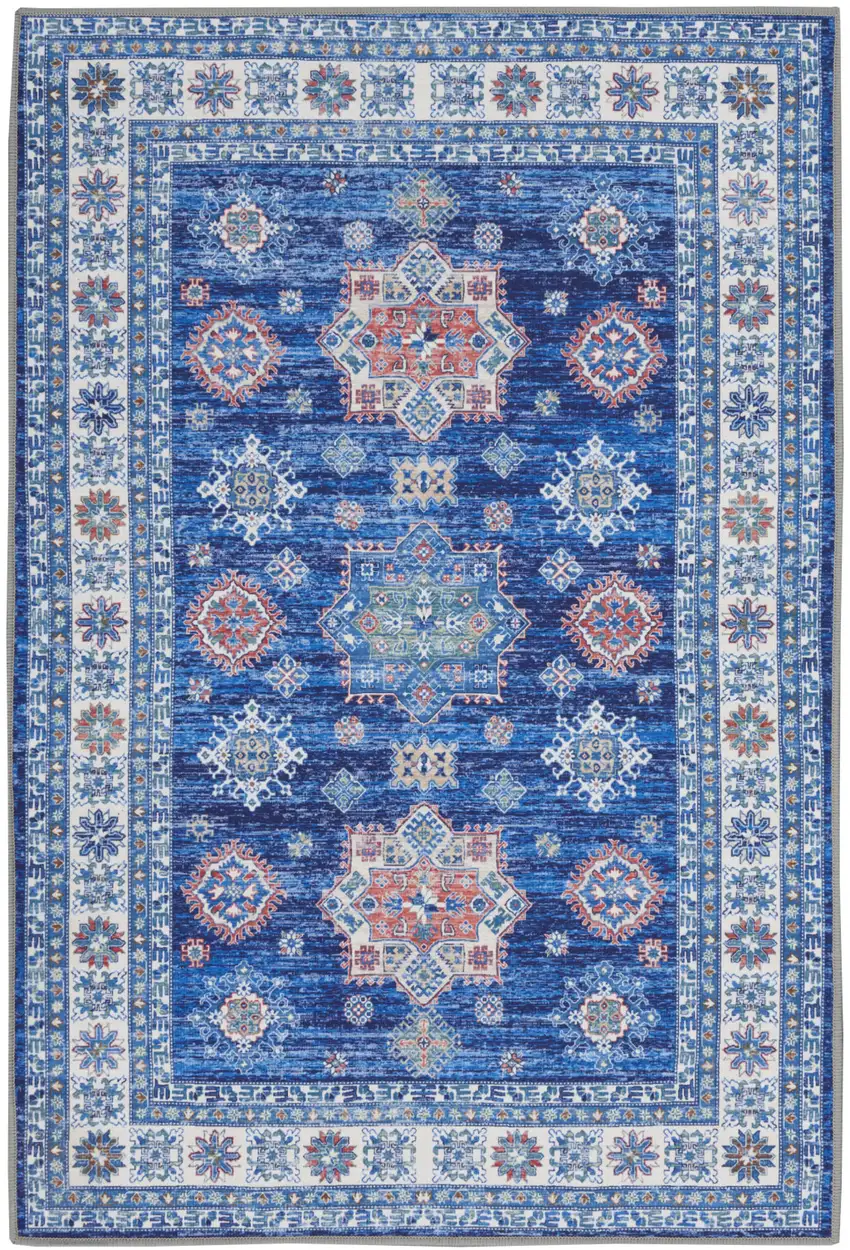 Ivory and Blue Oriental Distressed Non Skid Area Rug Photo 2