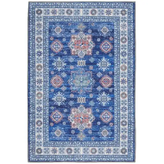 Ivory and Blue Oriental Distressed Non Skid Area Rug Photo 1