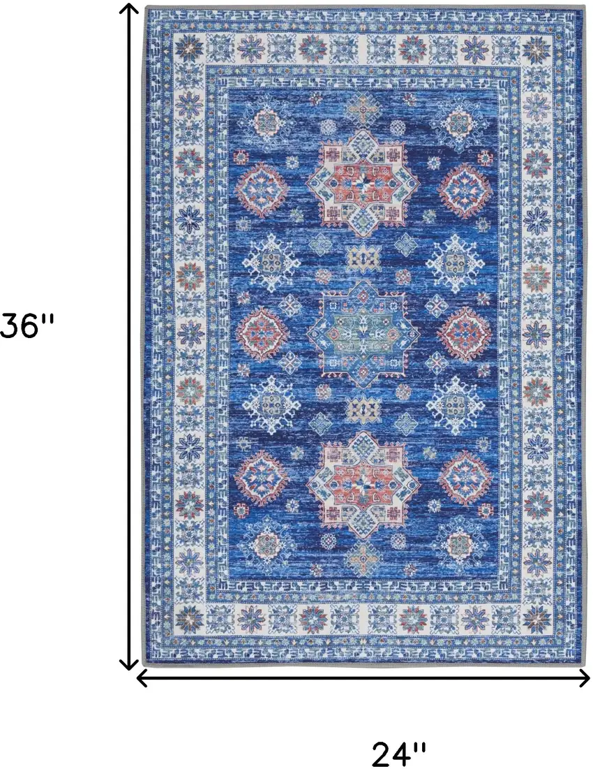 Ivory and Blue Oriental Distressed Non Skid Area Rug Photo 3