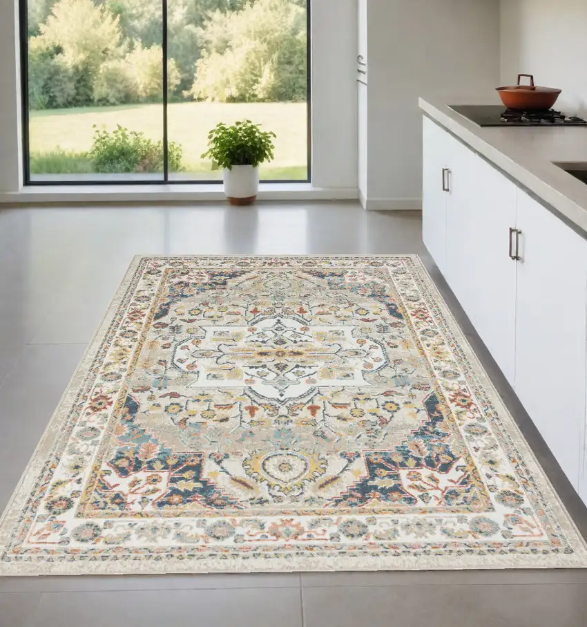 Ivory and Blue Oriental Power Loom Area Rug Photo 1