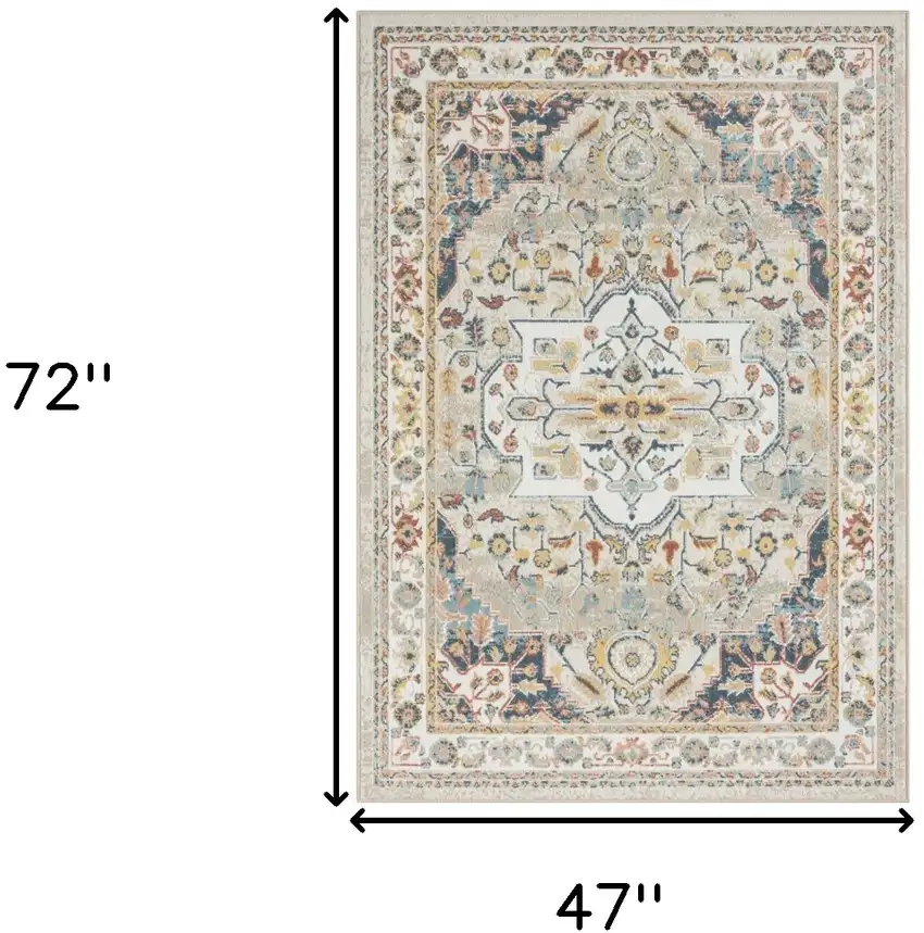 Ivory and Blue Oriental Power Loom Area Rug Photo 3