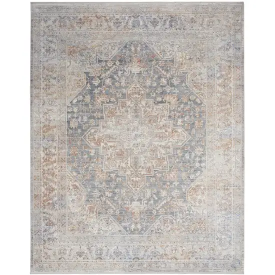 Ivory and Blue Oriental Power Loom Distressed Area Rug With Fringe Photo 6