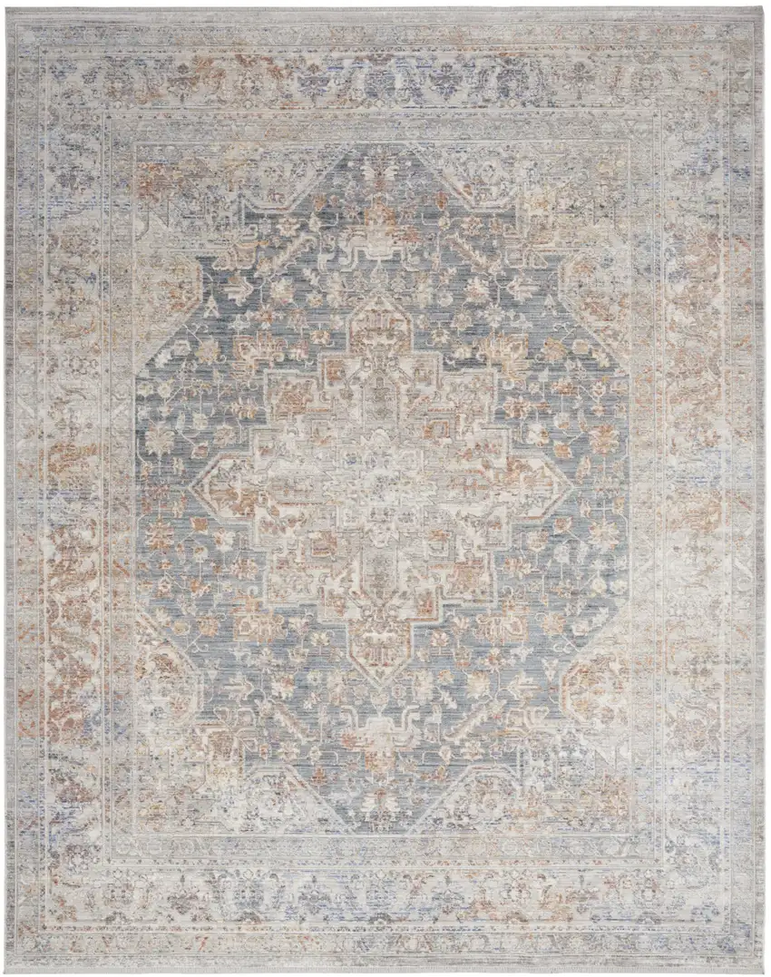 Ivory and Blue Oriental Power Loom Distressed Area Rug With Fringe Photo 6