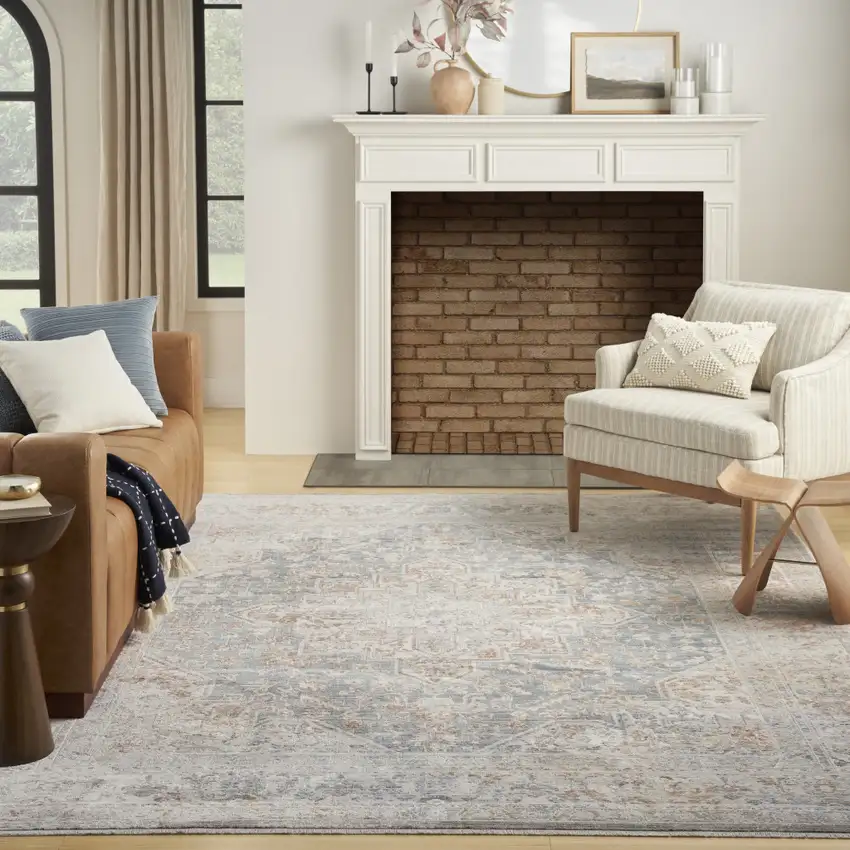 Ivory and Blue Oriental Power Loom Distressed Area Rug With Fringe Photo 5