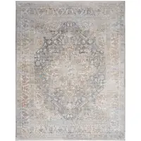 Photo of Ivory and Blue Oriental Power Loom Distressed Area Rug With Fringe