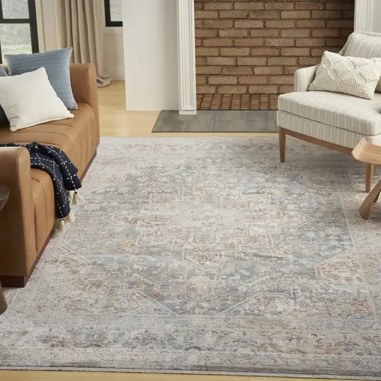 Ivory and Blue Oriental Power Loom Distressed Area Rug With Fringe Photo 4