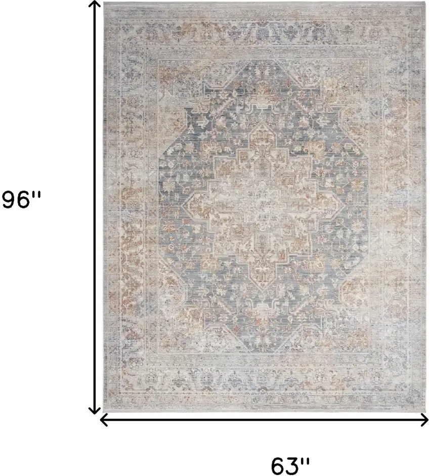 Ivory and Blue Oriental Power Loom Distressed Area Rug With Fringe Photo 10
