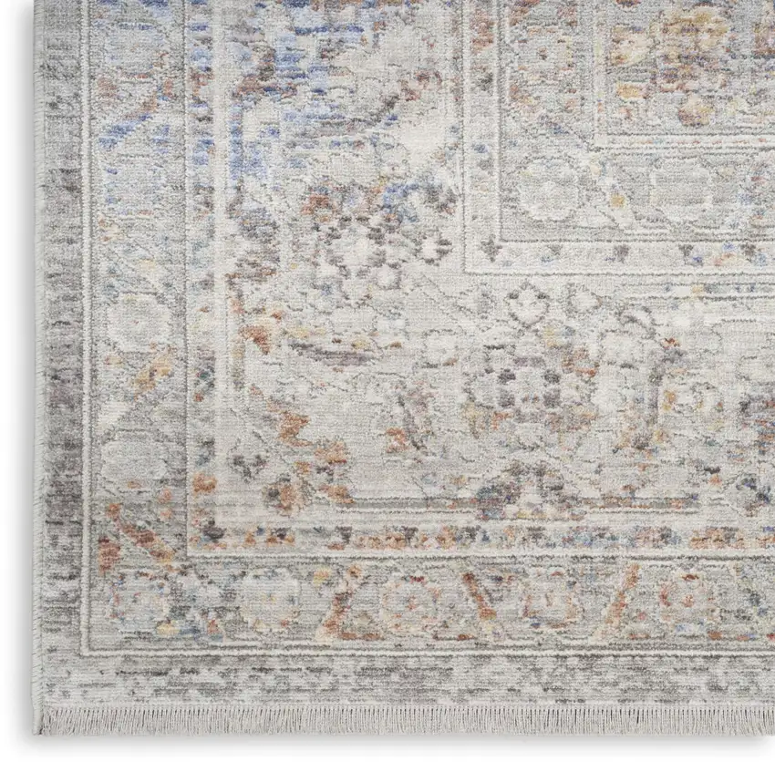Ivory and Blue Oriental Power Loom Distressed Area Rug With Fringe Photo 9