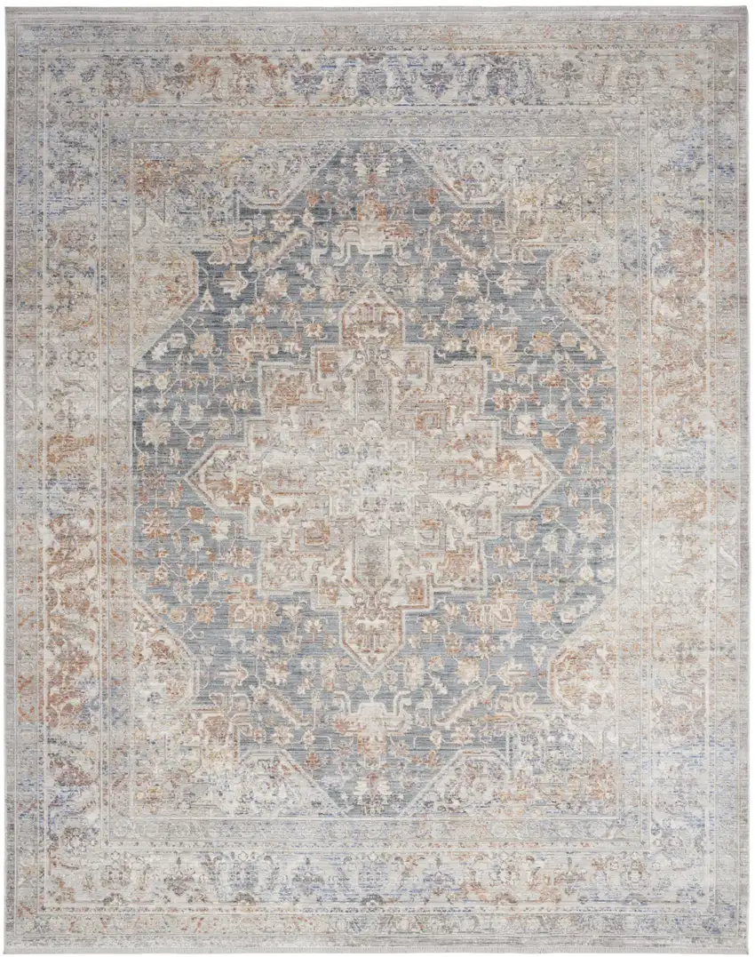 Ivory and Blue Oriental Power Loom Distressed Area Rug With Fringe Photo 1