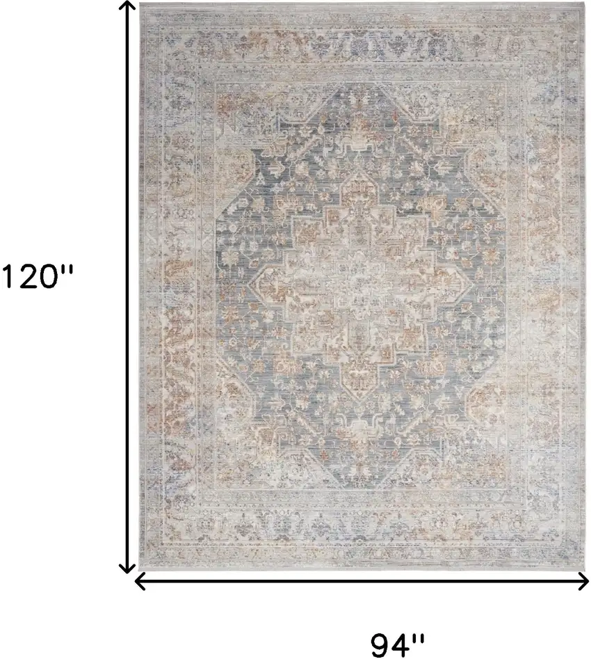 Ivory and Blue Oriental Power Loom Distressed Area Rug With Fringe Photo 10