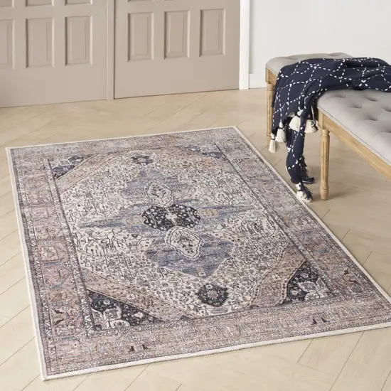 Ivory and Blue Oriental Power Loom Distressed Washable Non Skid Area Rug Photo 5