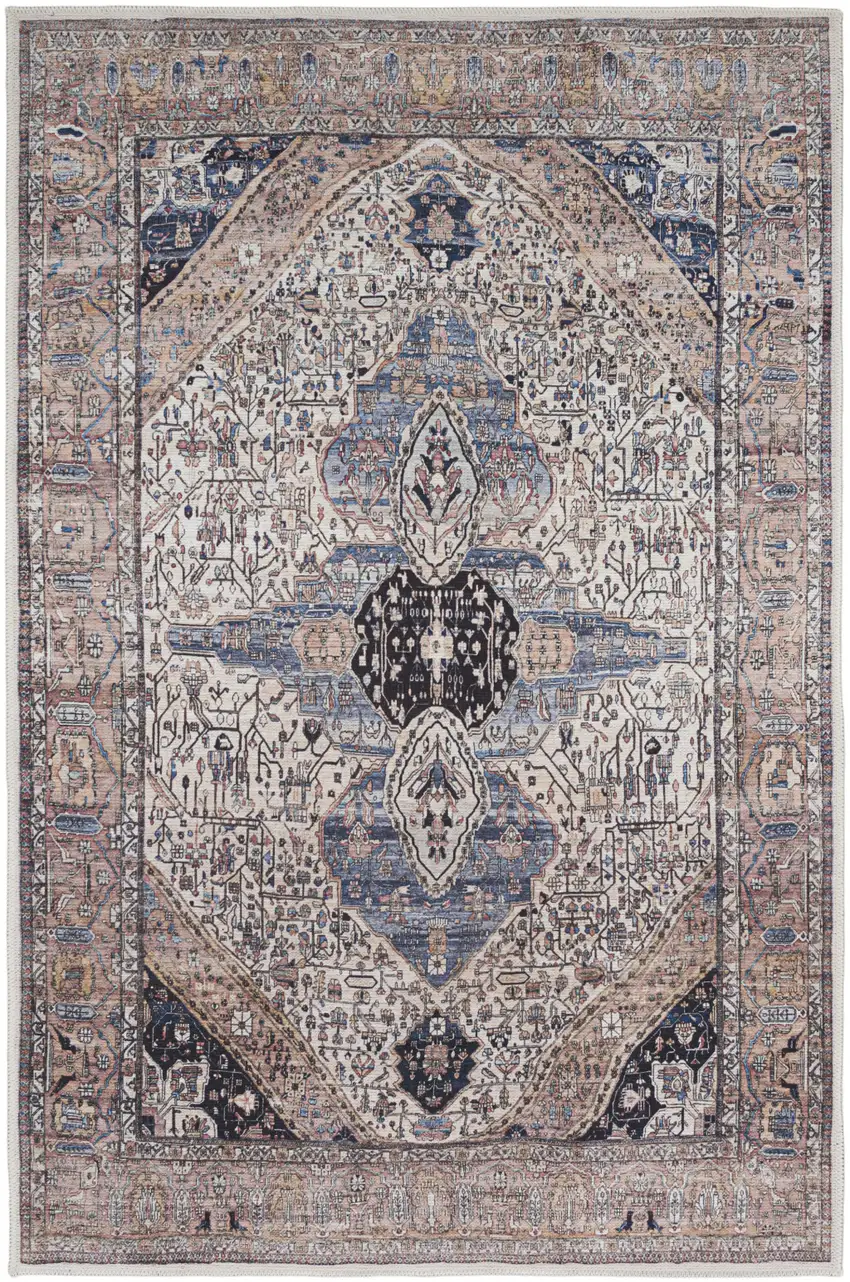 Ivory and Blue Oriental Power Loom Distressed Washable Non Skid Area Rug Photo 1