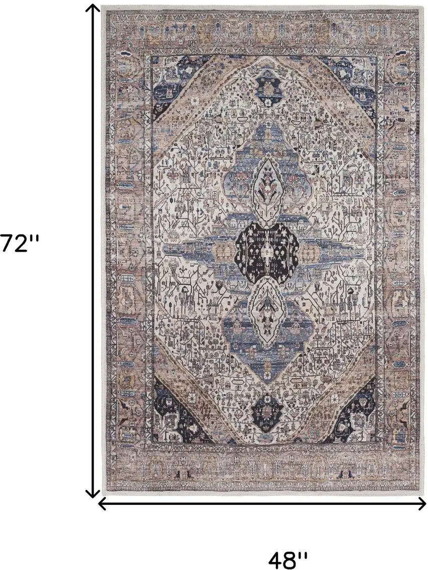 Ivory and Blue Oriental Power Loom Distressed Washable Non Skid Area Rug Photo 9