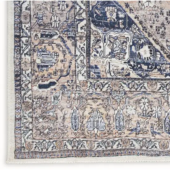Ivory and Blue Oriental Power Loom Distressed Washable Non Skid Area Rug Photo 3