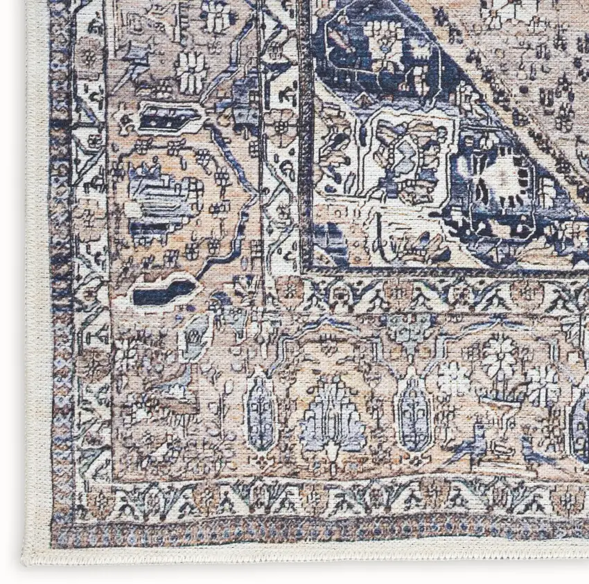 Ivory and Blue Oriental Power Loom Distressed Washable Non Skid Area Rug Photo 3