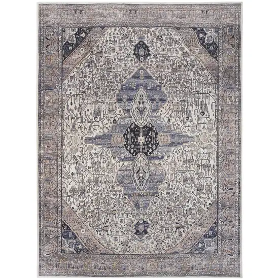 5' X 7' Ivory and Blue Oriental Power Loom Distressed Washable Non Skid Area Rug Photo 2