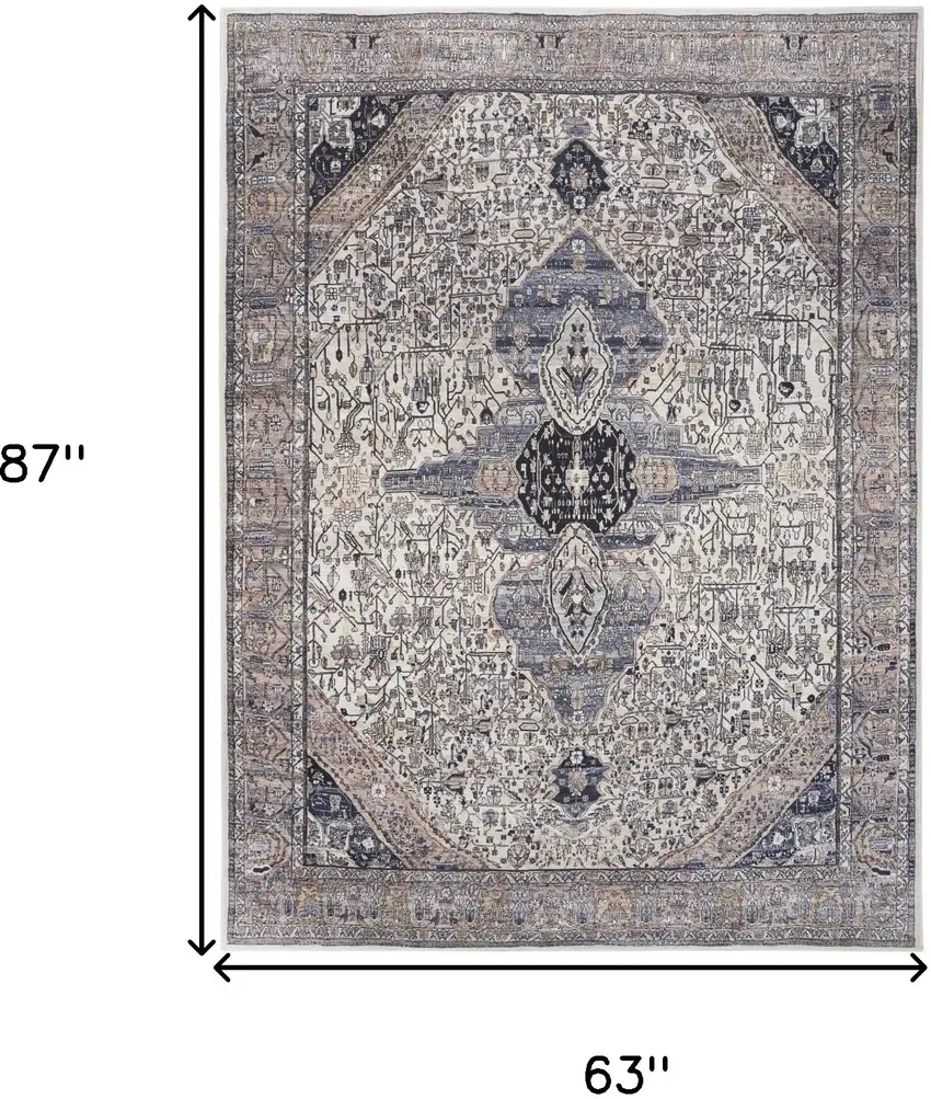 Ivory and Blue Oriental Power Loom Distressed Washable Non Skid Area Rug Photo 9