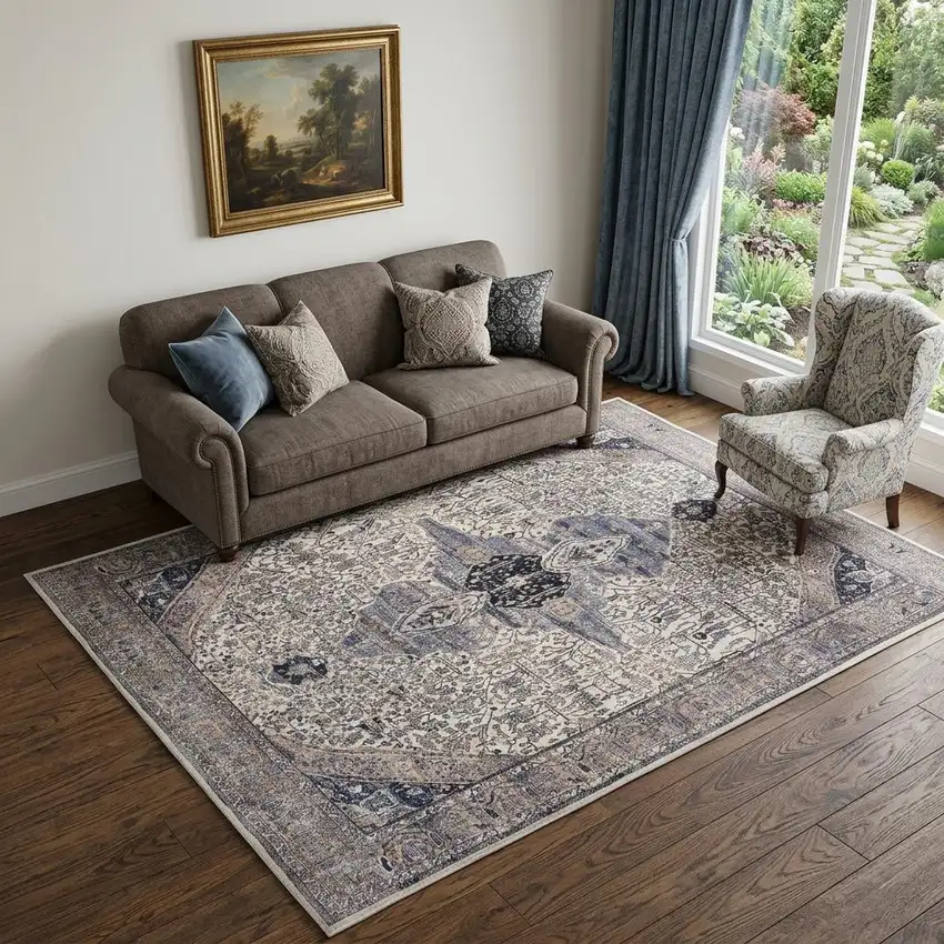 5' X 7' Ivory and Blue Oriental Power Loom Distressed Washable Non Skid Area Rug Photo 1