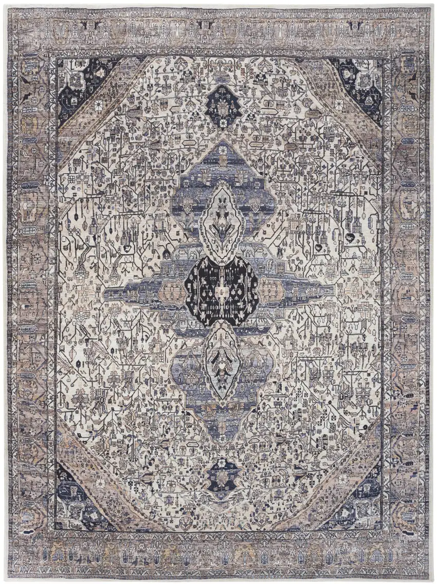 Ivory and Blue Oriental Power Loom Distressed Washable Non Skid Area Rug Photo 2
