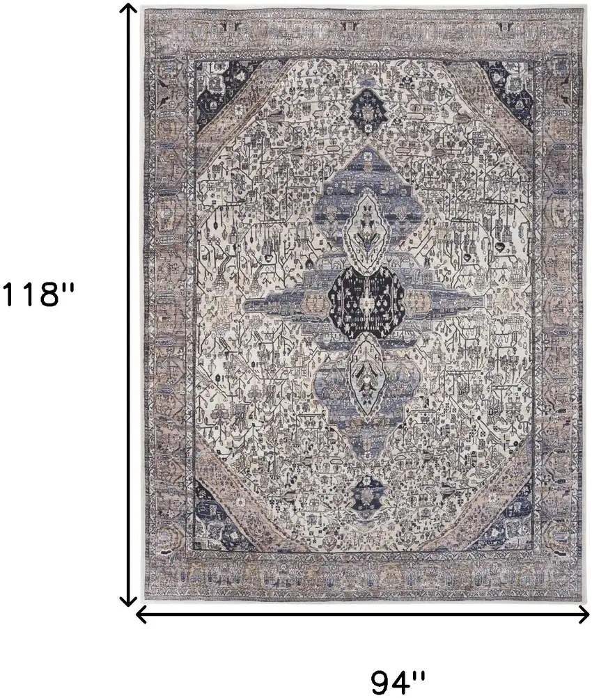 Ivory and Blue Oriental Power Loom Distressed Washable Non Skid Area Rug Photo 9