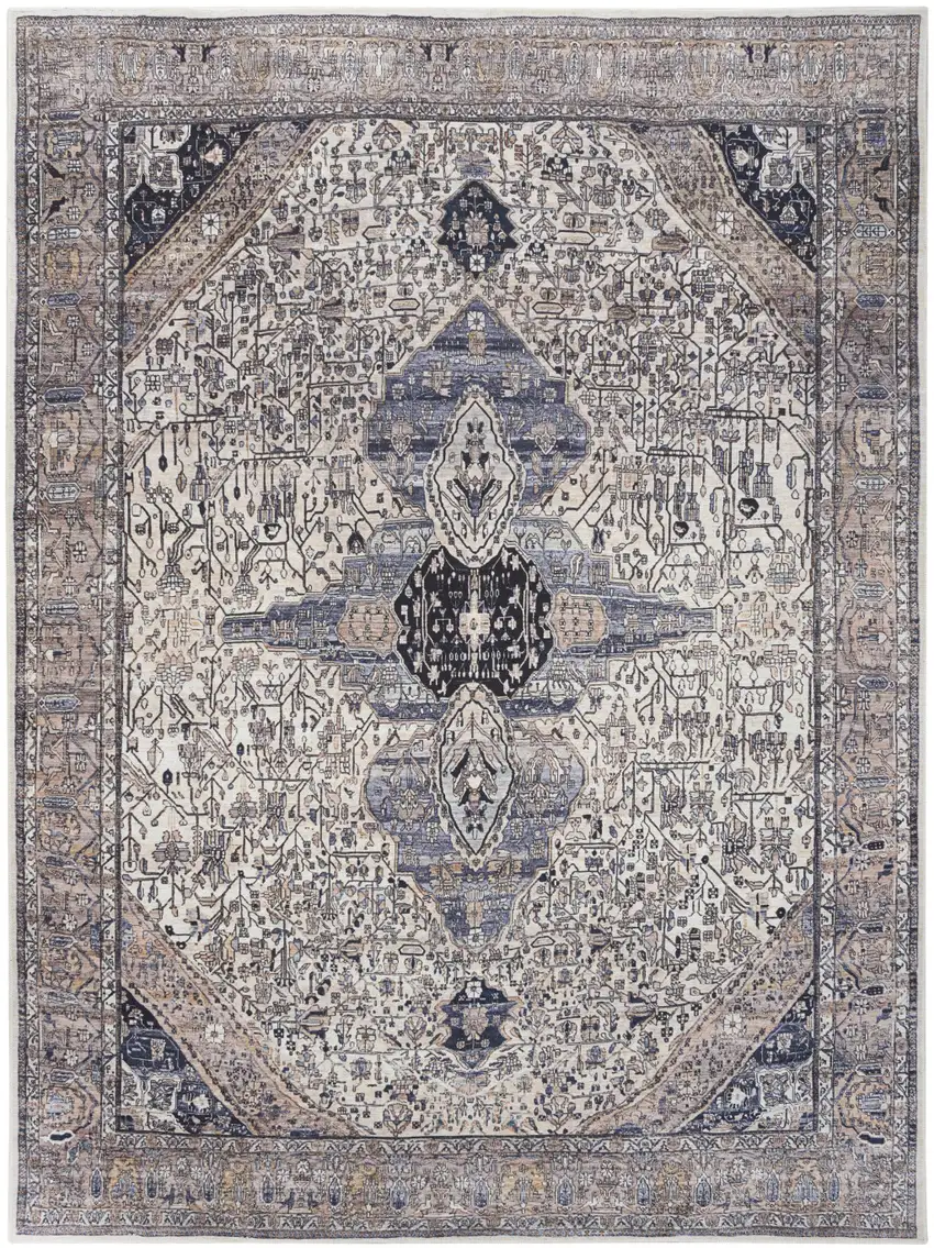 Ivory and Blue Oriental Power Loom Distressed Washable Non Skid Area Rug Photo 1