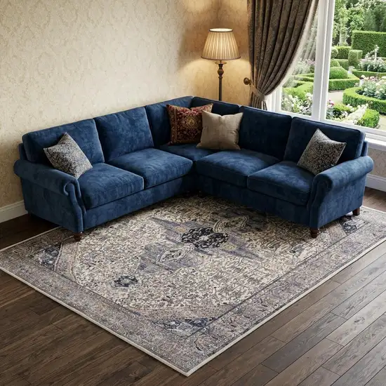 Ivory and Blue Oriental Power Loom Distressed Washable Non Skid Area Rug Photo 1