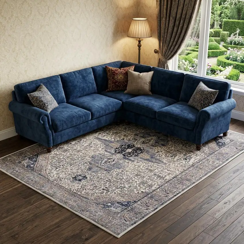 Ivory and Blue Oriental Power Loom Distressed Washable Non Skid Area Rug Photo 1