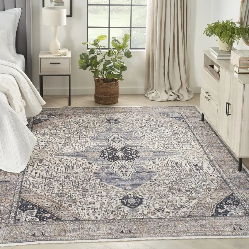Ivory and Blue Oriental Power Loom Distressed Washable Non Skid Area Rug Photo 5