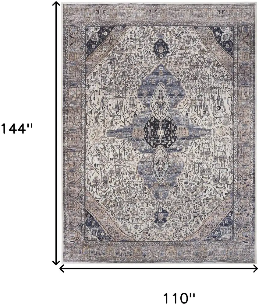 Ivory and Blue Oriental Power Loom Distressed Washable Non Skid Area Rug Photo 10