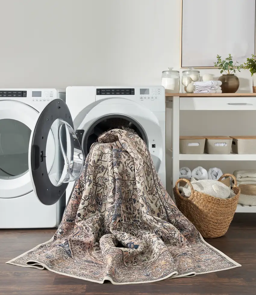 Ivory and Blue Oriental Power Loom Distressed Washable Non Skid Area Rug Photo 8