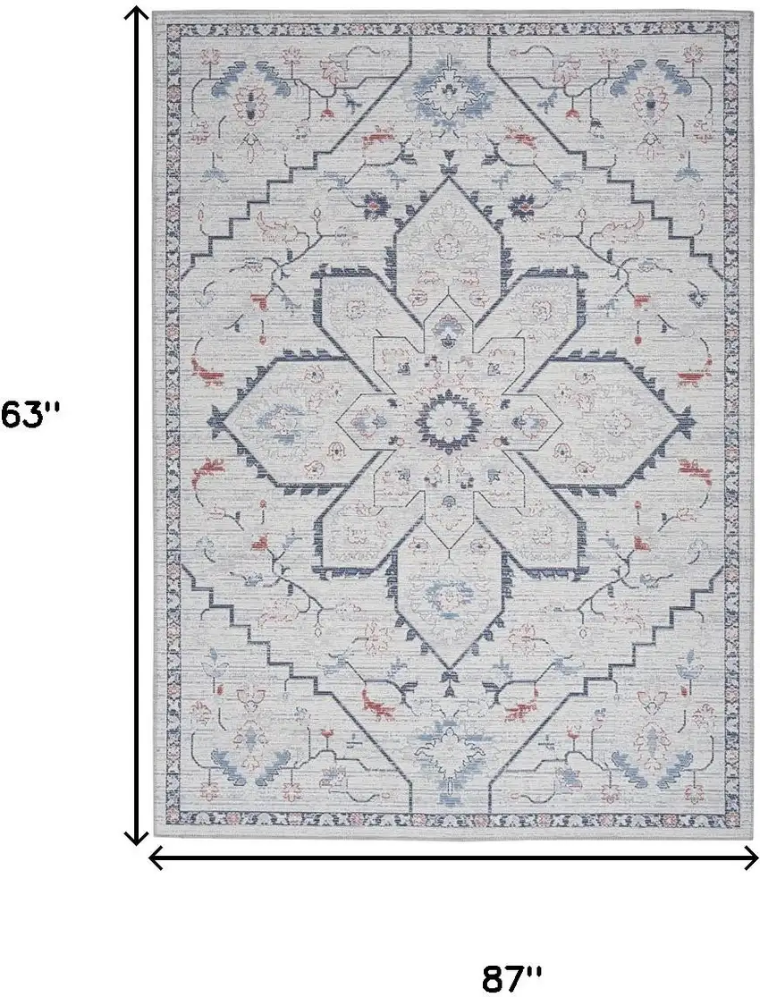 5' X 7' Ivory and Blue Oriental Power Loom Washable Area Rug Photo 3