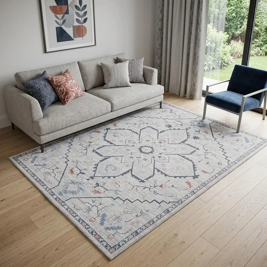 5' X 7' Ivory and Blue Oriental Power Loom Washable Area Rug Photo 1