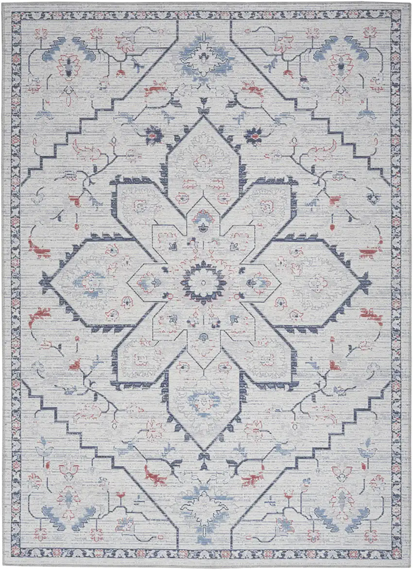 Ivory and Blue Oriental Power Loom Washable Area Rug Photo 1