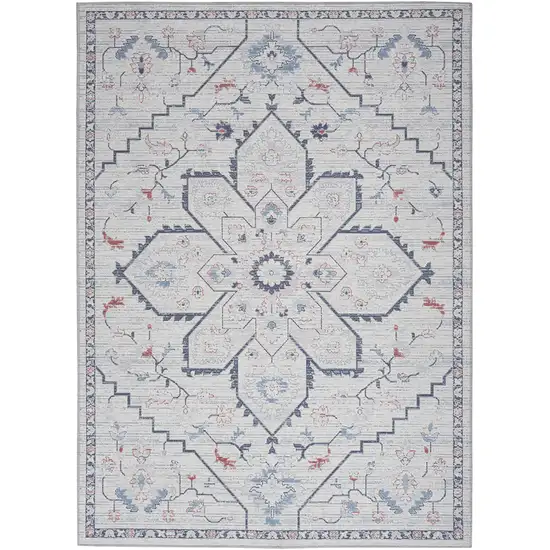 Ivory and Blue Oriental Power Loom Washable Area Rug Photo 2