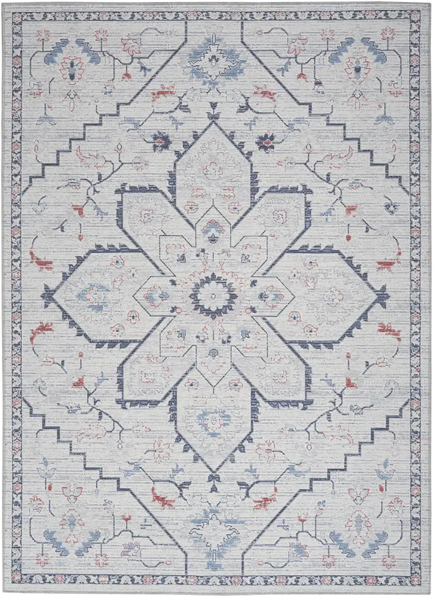Ivory and Blue Oriental Power Loom Washable Area Rug Photo 2