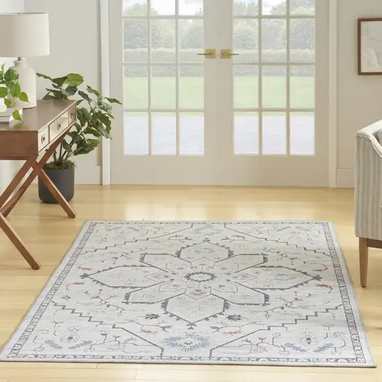 Ivory and Blue Oriental Power Loom Washable Area Rug Photo 5