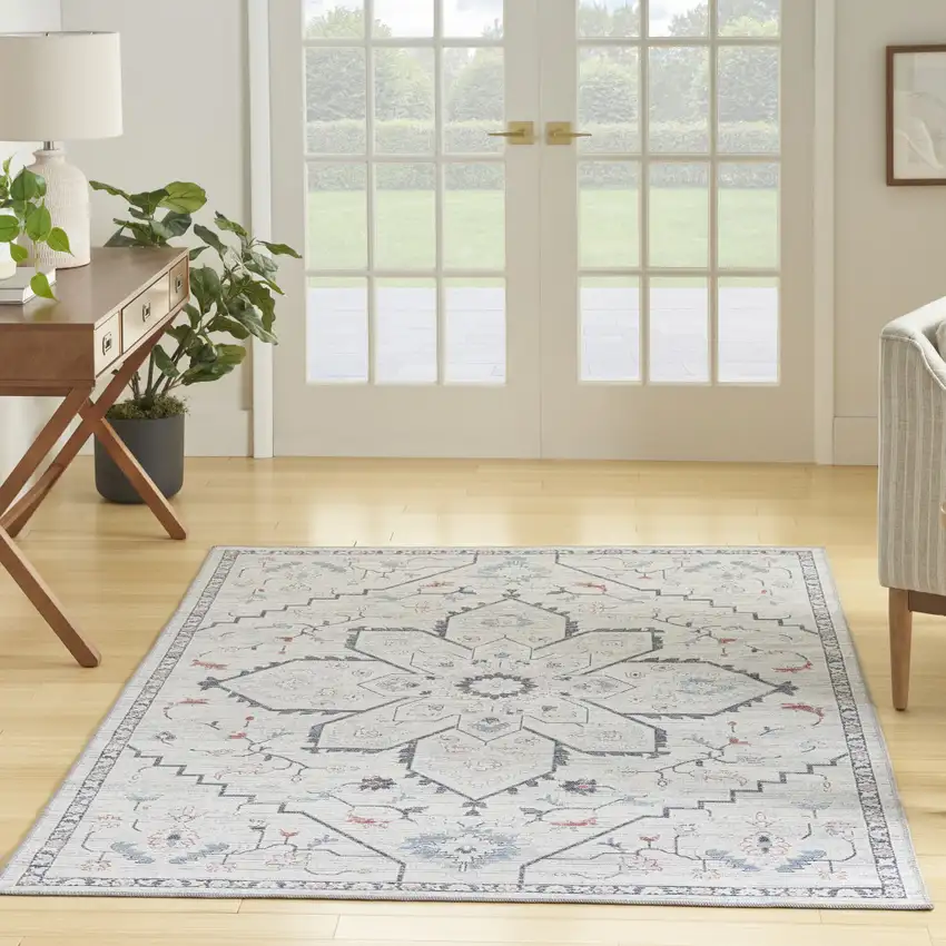 Ivory and Blue Oriental Power Loom Washable Area Rug Photo 5