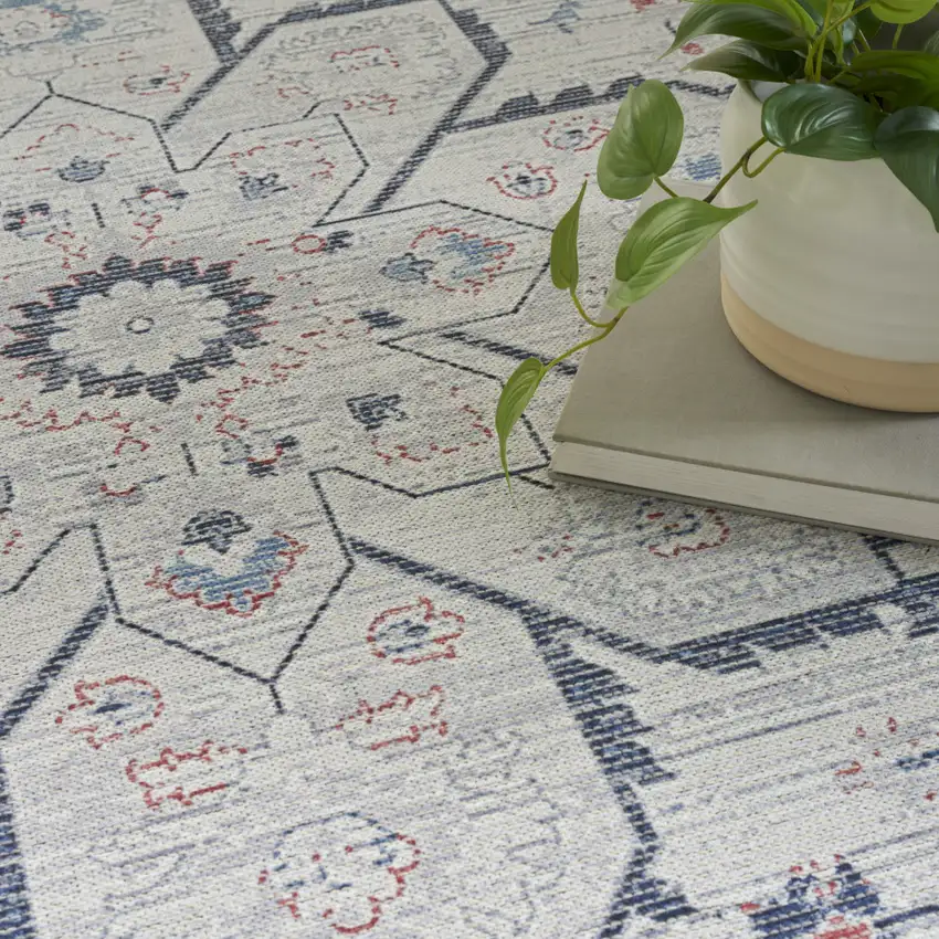 Ivory and Blue Oriental Power Loom Washable Area Rug Photo 8